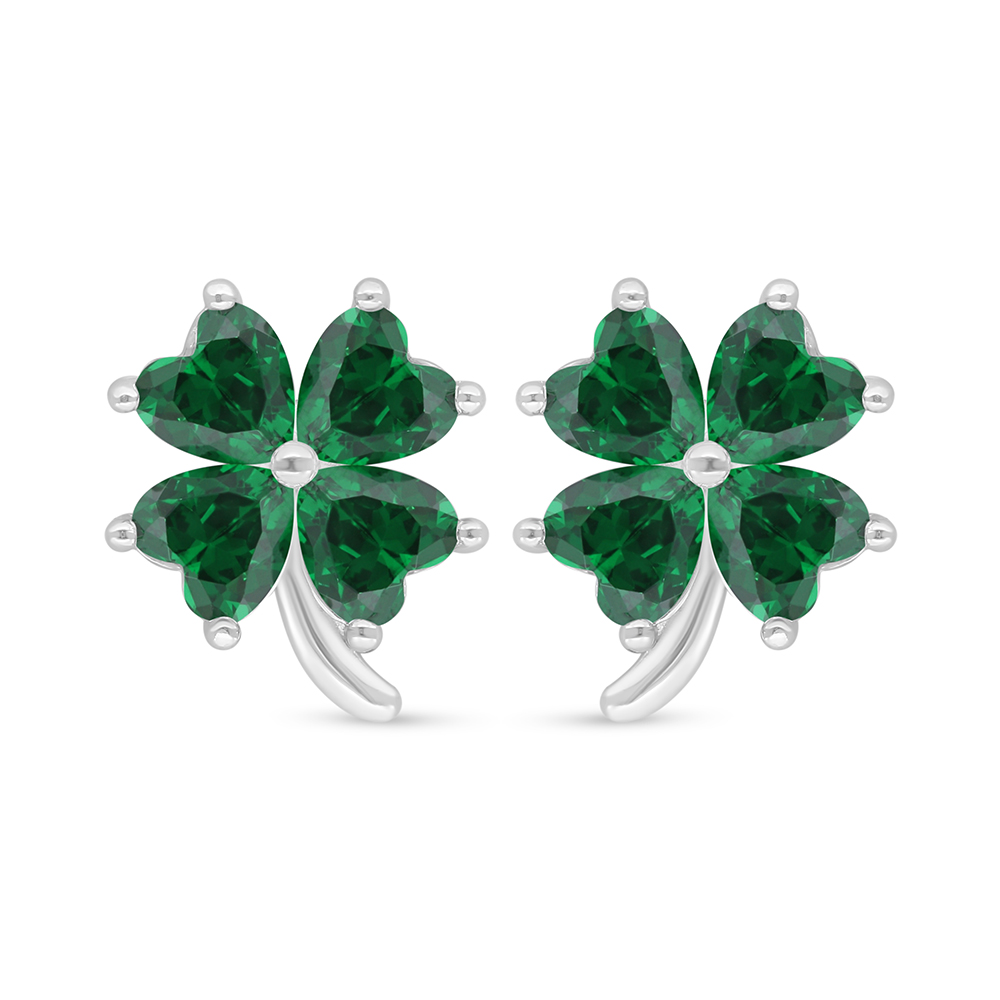Sterling Silver 925 Earring Rhodium Plated Embedded With Emerald Zircon 