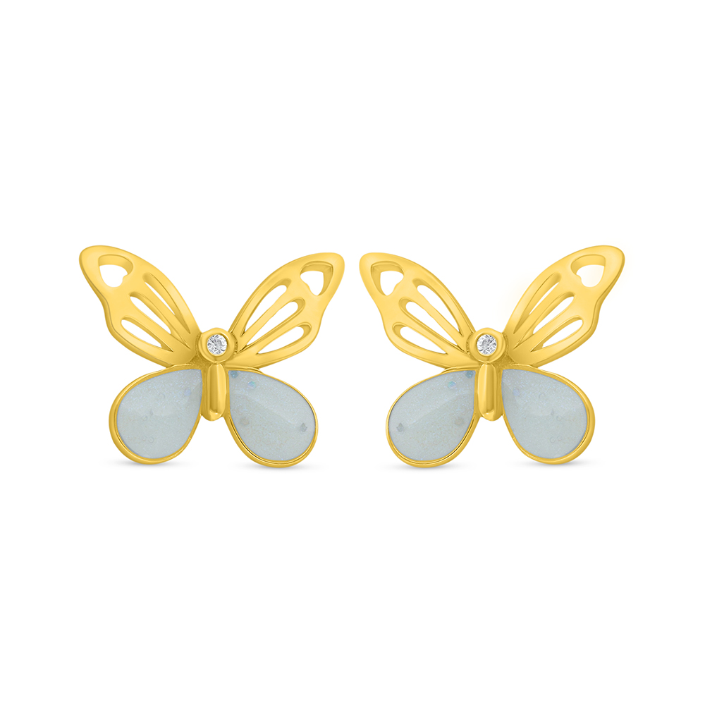 Sterling Silver 925 Earring Golden Plated Embedded With White Shell And White Zircon