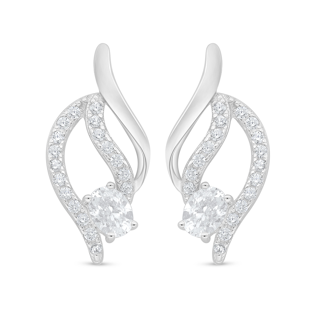 Sterling Silver 925 Earring Rhodium Plated Embedded With White Zircon