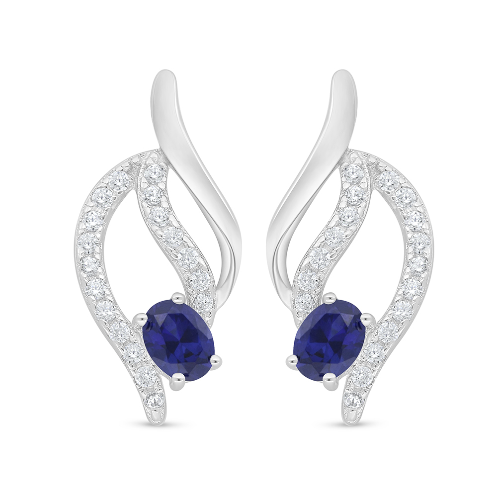 Sterling Silver 925 Earring Rhodium Plated Embedded With Sapphire Corundum And White Zircon