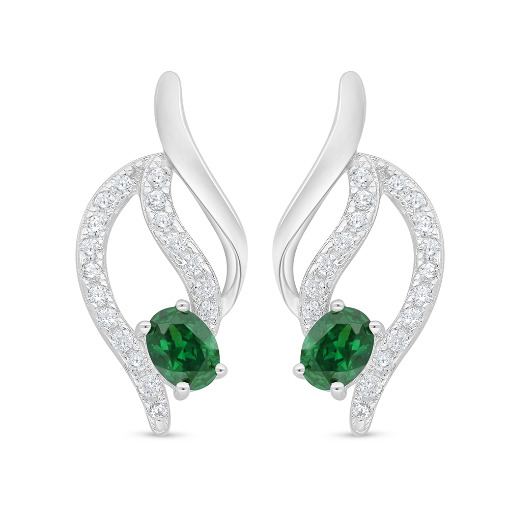 Sterling Silver 925 Earring Rhodium Plated Embedded With Emerald Zircon And White Zircon