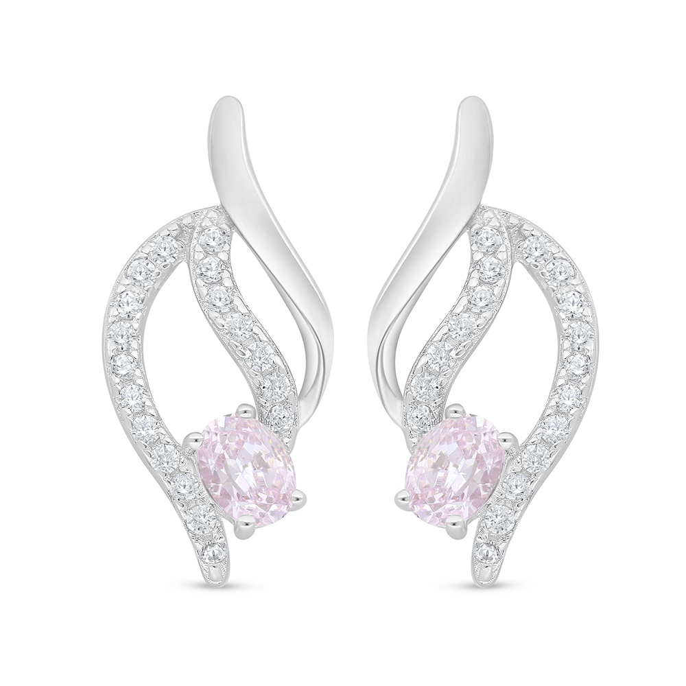 Sterling Silver 925 Earring Rhodium Plated Embedded With Pink Zircon And White Zircon