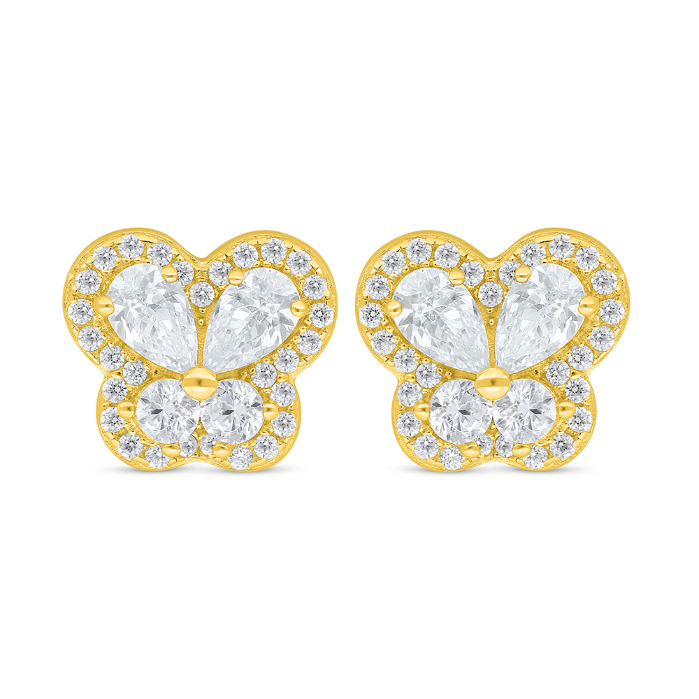 Sterling Silver 925 Earring Golden Plated Embedded With White Zircon