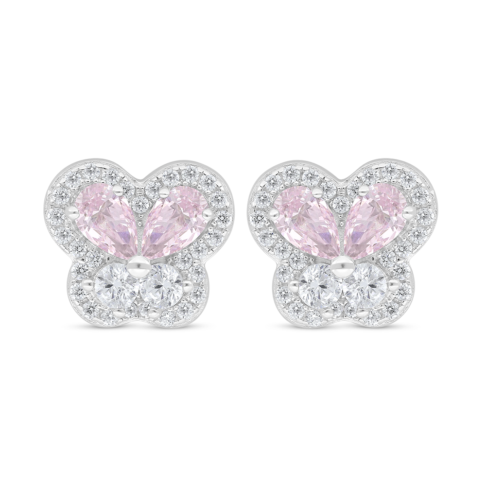 Sterling Silver 925 Earring Rhodium Plated Embedded With Pink Zircon And White Zircon