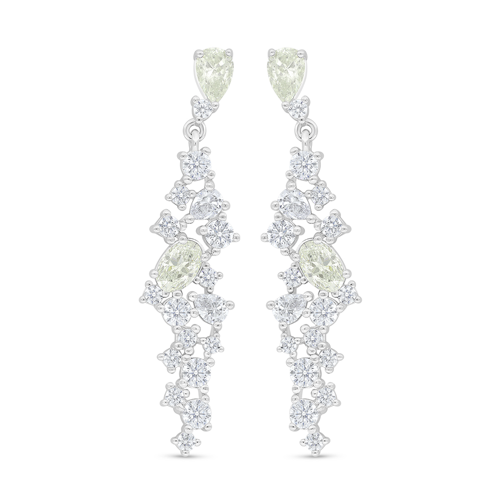 Sterling Silver 925 Earring Rhodium Plated Embedded With Yellow Diamond And White Zircon