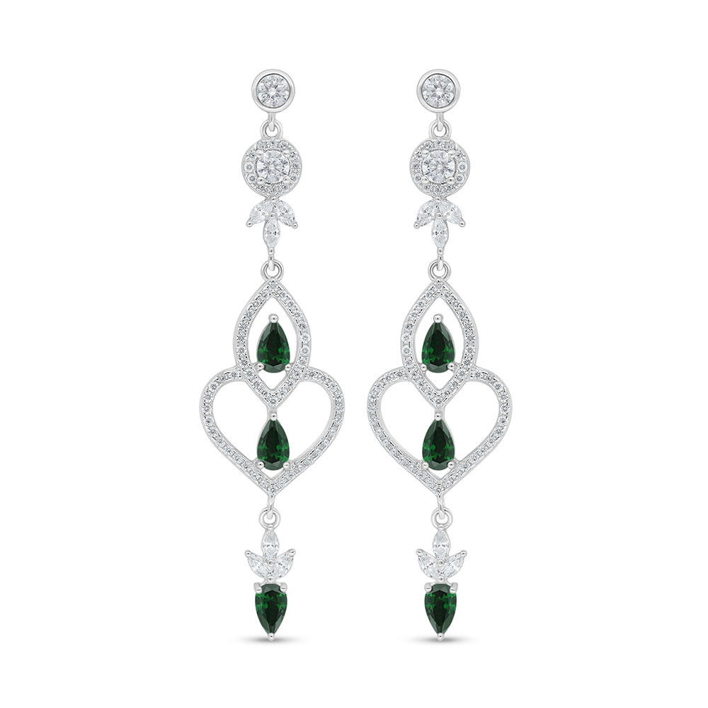 Sterling Silver 925 Earring Rhodium Plated Embedded With Emerald Zircon And White Zircon