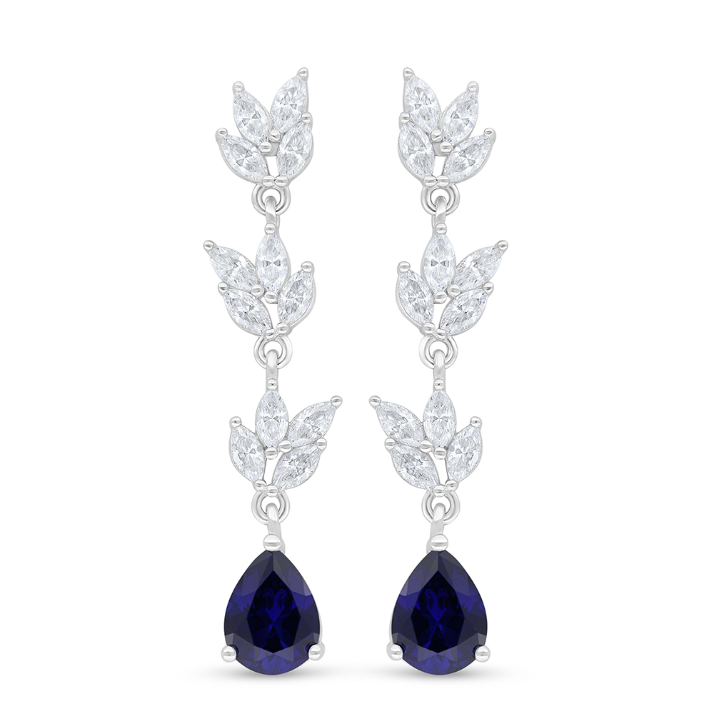 Sterling Silver 925 Earring Rhodium Plated Embedded With Sapphire Corundum And White Zircon