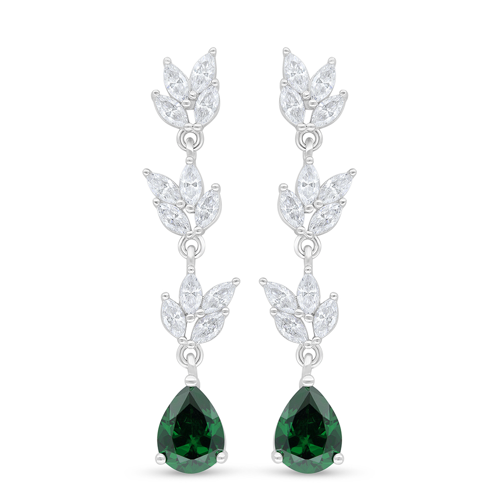 Sterling Silver 925 Earring Rhodium Plated Embedded With Emerald Zircon And White Zircon