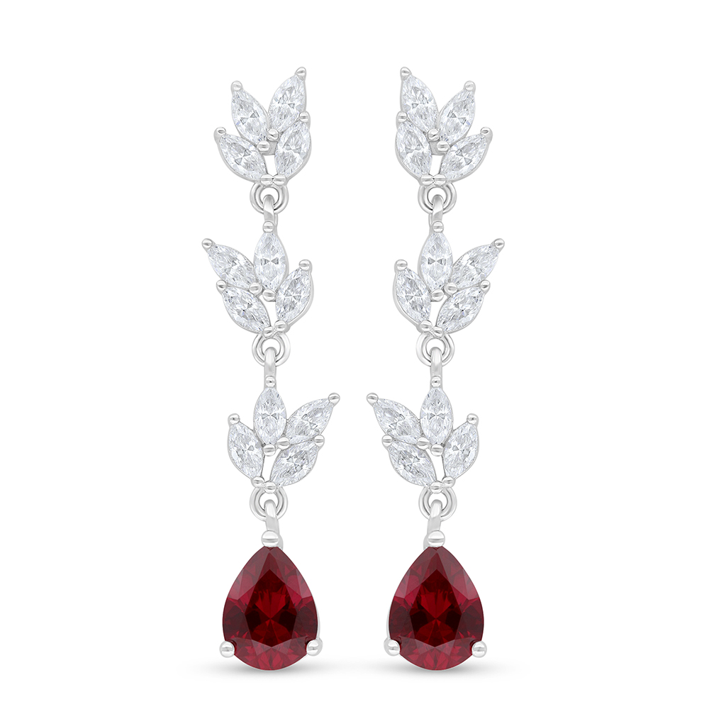 Sterling Silver 925 Earring Rhodium Plated Embedded With Ruby Corundum And White Zircon