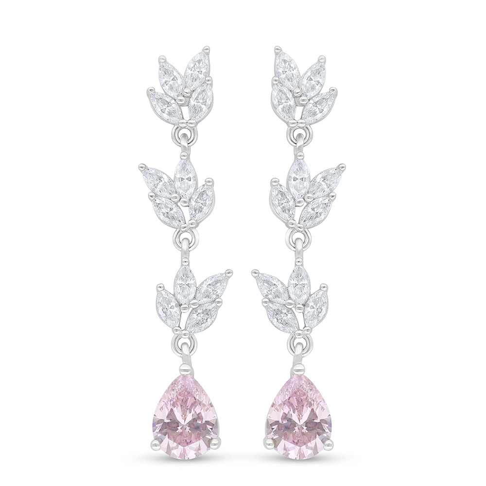 Sterling Silver 925 Earring Rhodium Plated Embedded With Pink Zircon And White Zircon