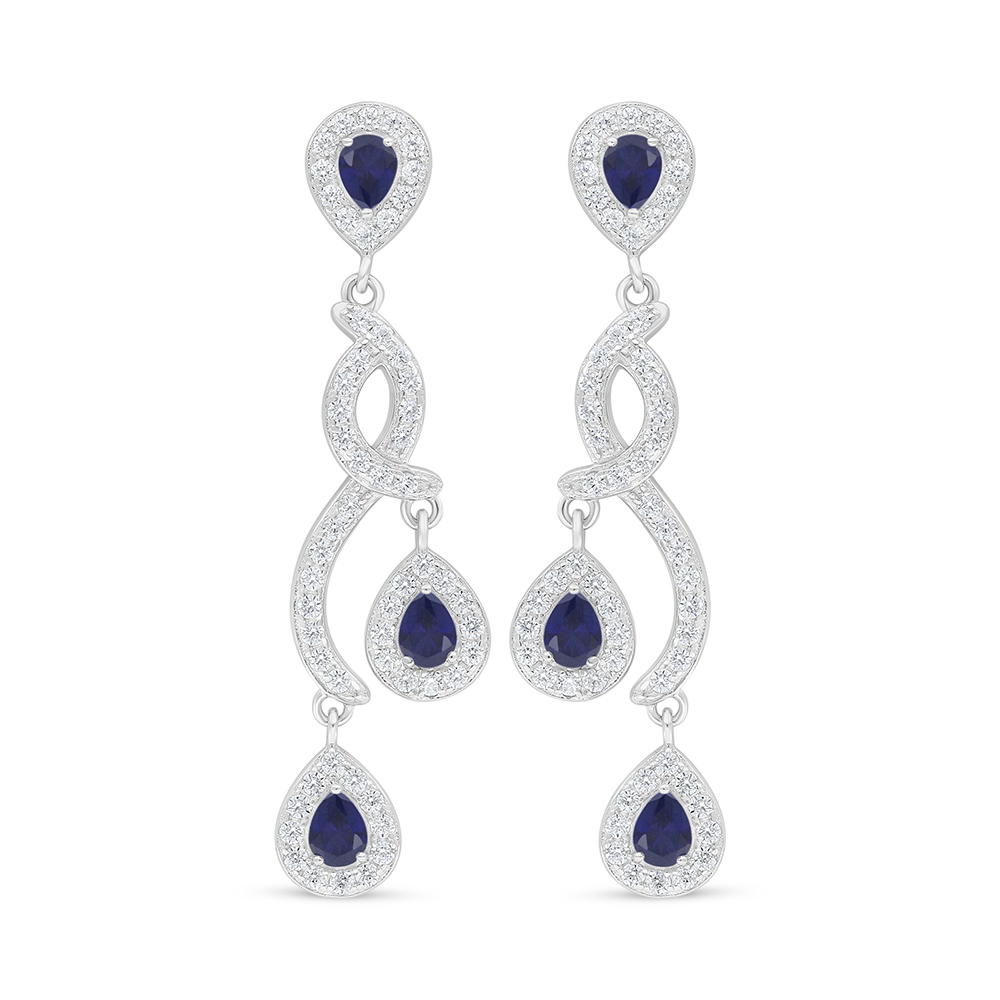 Sterling Silver 925 Earring Rhodium Plated Embedded With Sapphire Corundum And White Zircon