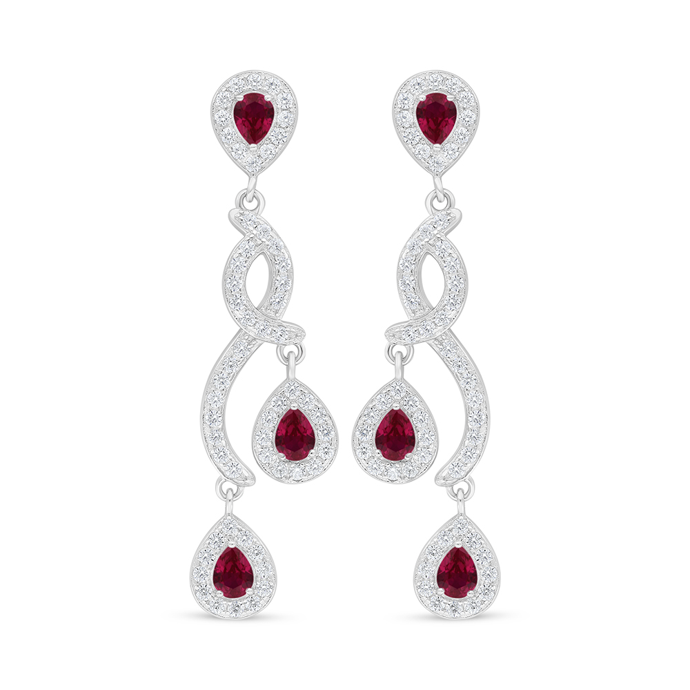 Sterling Silver 925 Earring Rhodium Plated Embedded With Ruby Corundum And White Zircon