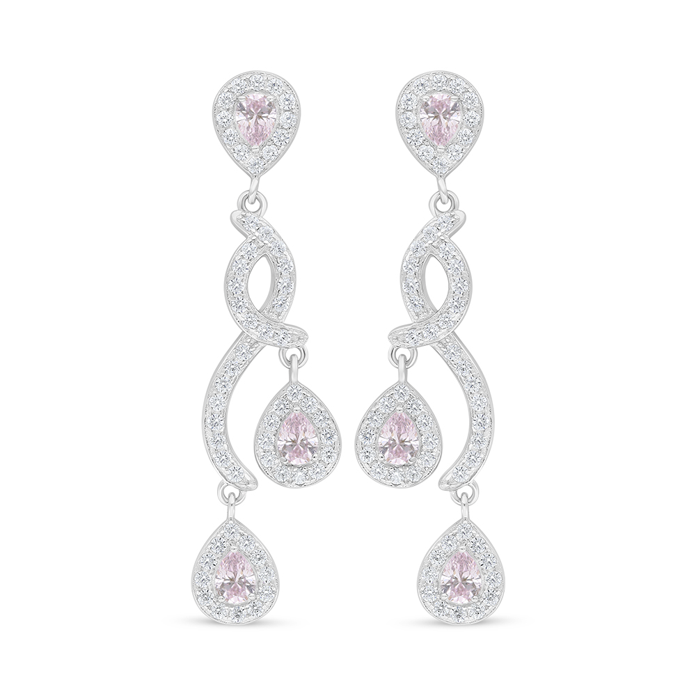 Sterling Silver 925 Earring Rhodium Plated Embedded With Pink Zircon And White Zircon