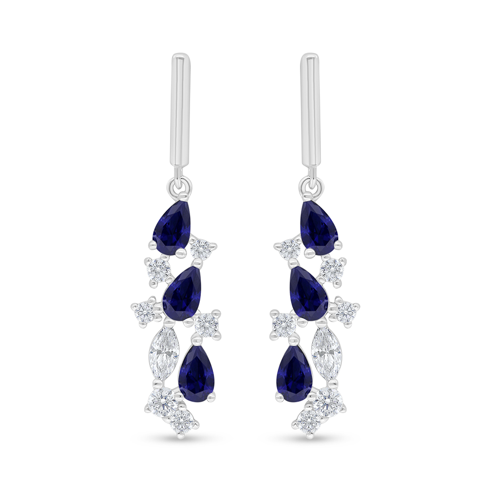 Sterling Silver 925 Earring Rhodium Plated Embedded With Sapphire Corundum And White Zircon