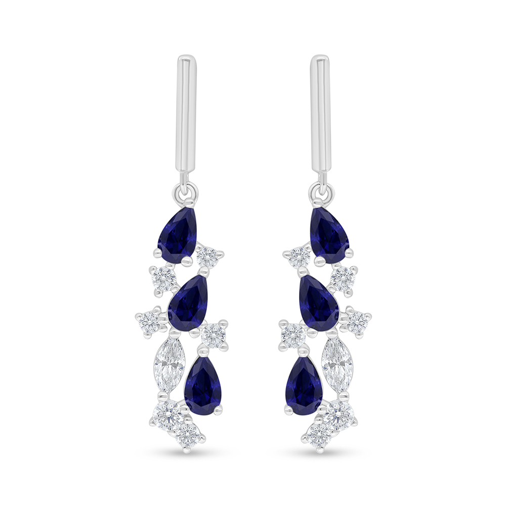 Sterling Silver 925 Earring Rhodium Plated Embedded With Sapphire Corundum And White Zircon