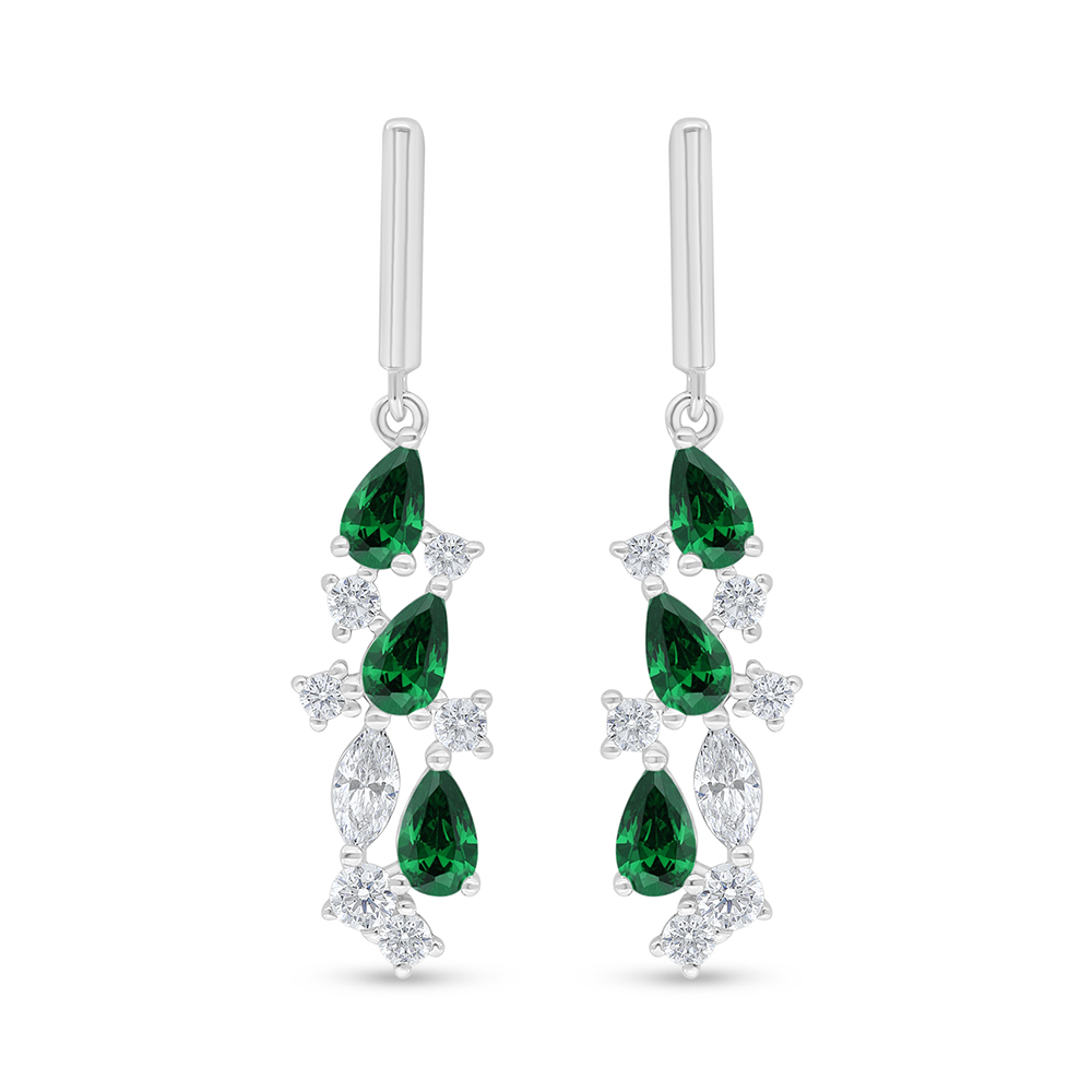 Sterling Silver 925 Earring Rhodium Plated Embedded With Emerald Zircon And White Zircon