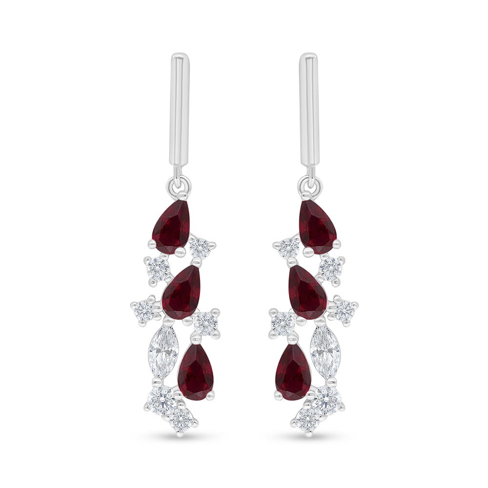 Sterling Silver 925 Earring Rhodium Plated Embedded With Ruby Corundum And White Zircon