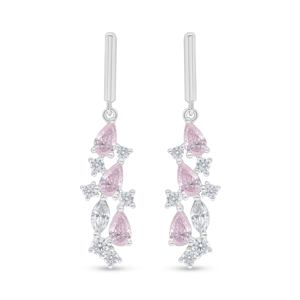 Sterling Silver 925 Earring Rhodium Plated Embedded With Pink Zircon And White Zircon