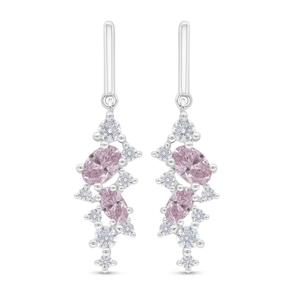 Sterling Silver 925 Earring Rhodium Plated Embedded With Pink Zircon And White Zircon