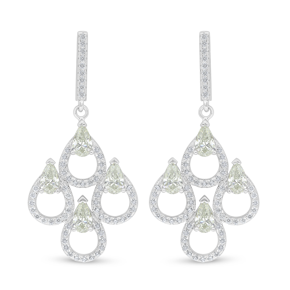 Sterling Silver 925 Earring Rhodium Plated Embedded With Yellow Diamond And White Zircon