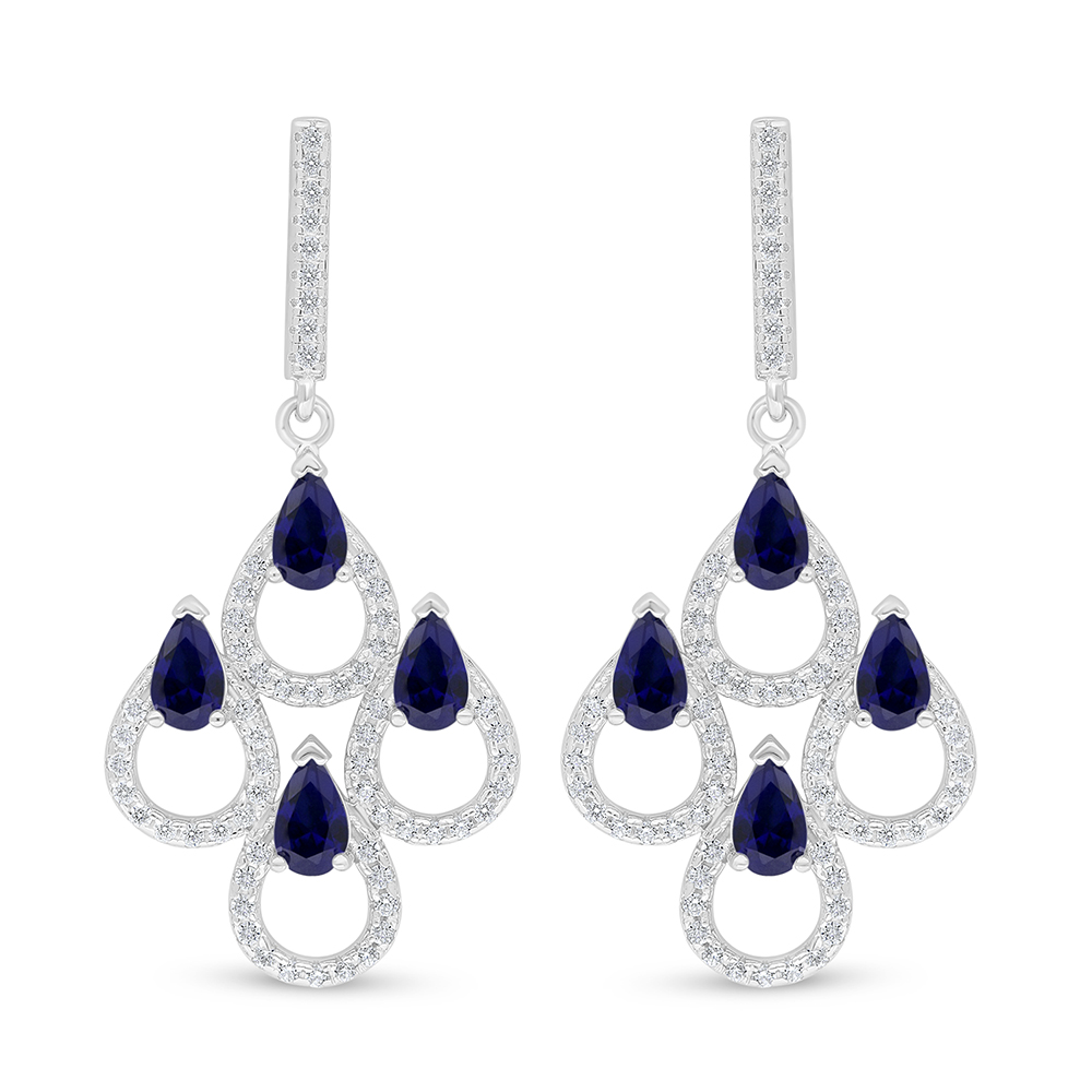 Sterling Silver 925 Earring Rhodium Plated Embedded With Sapphire Corundum And White Zircon