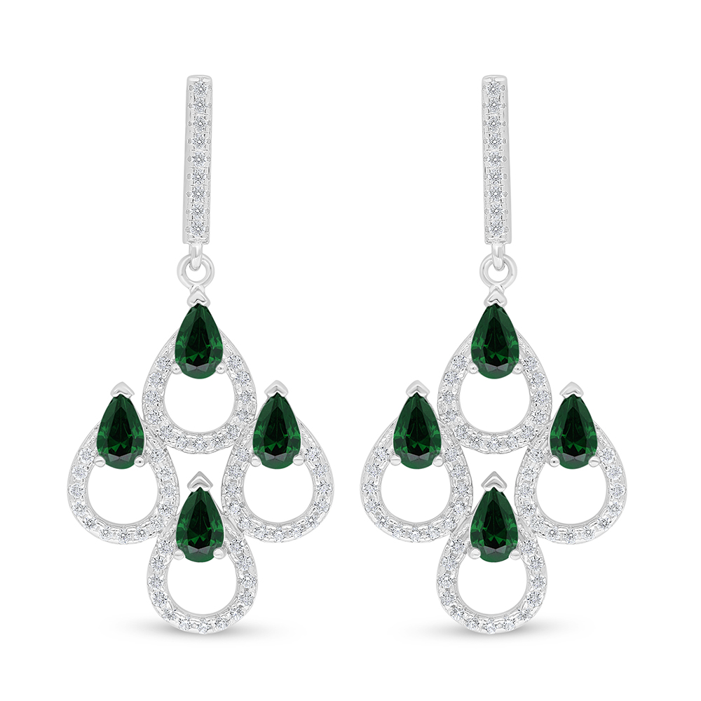 Sterling Silver 925 Earring Rhodium Plated Embedded With Emerald Zircon And White Zircon