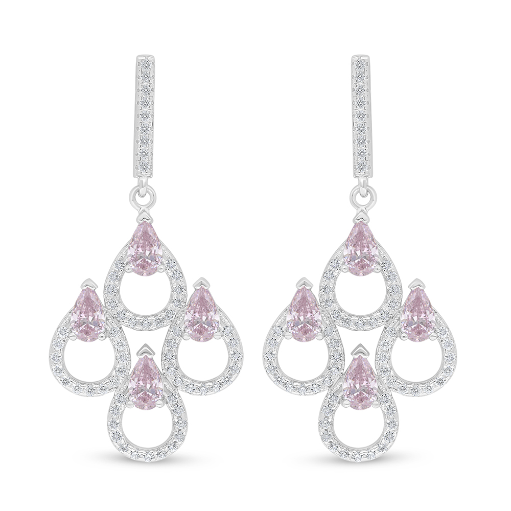 Sterling Silver 925 Earring Rhodium Plated Embedded With Pink Zircon And White Zircon