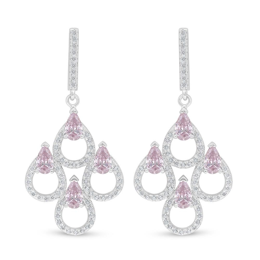 Sterling Silver 925 Earring Rhodium Plated Embedded With Pink Zircon And White Zircon