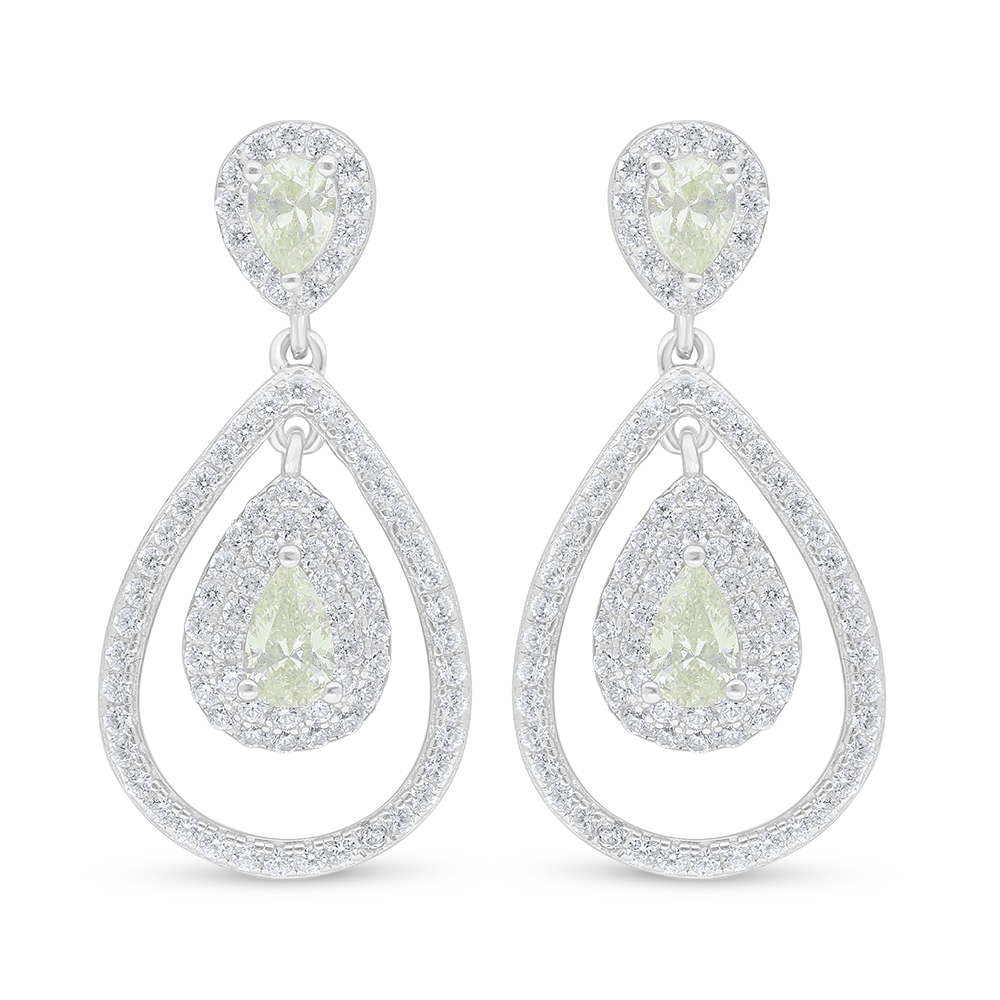 Sterling Silver 925 Earring Rhodium Plated Embedded With Yellow Diamond And White Zircon