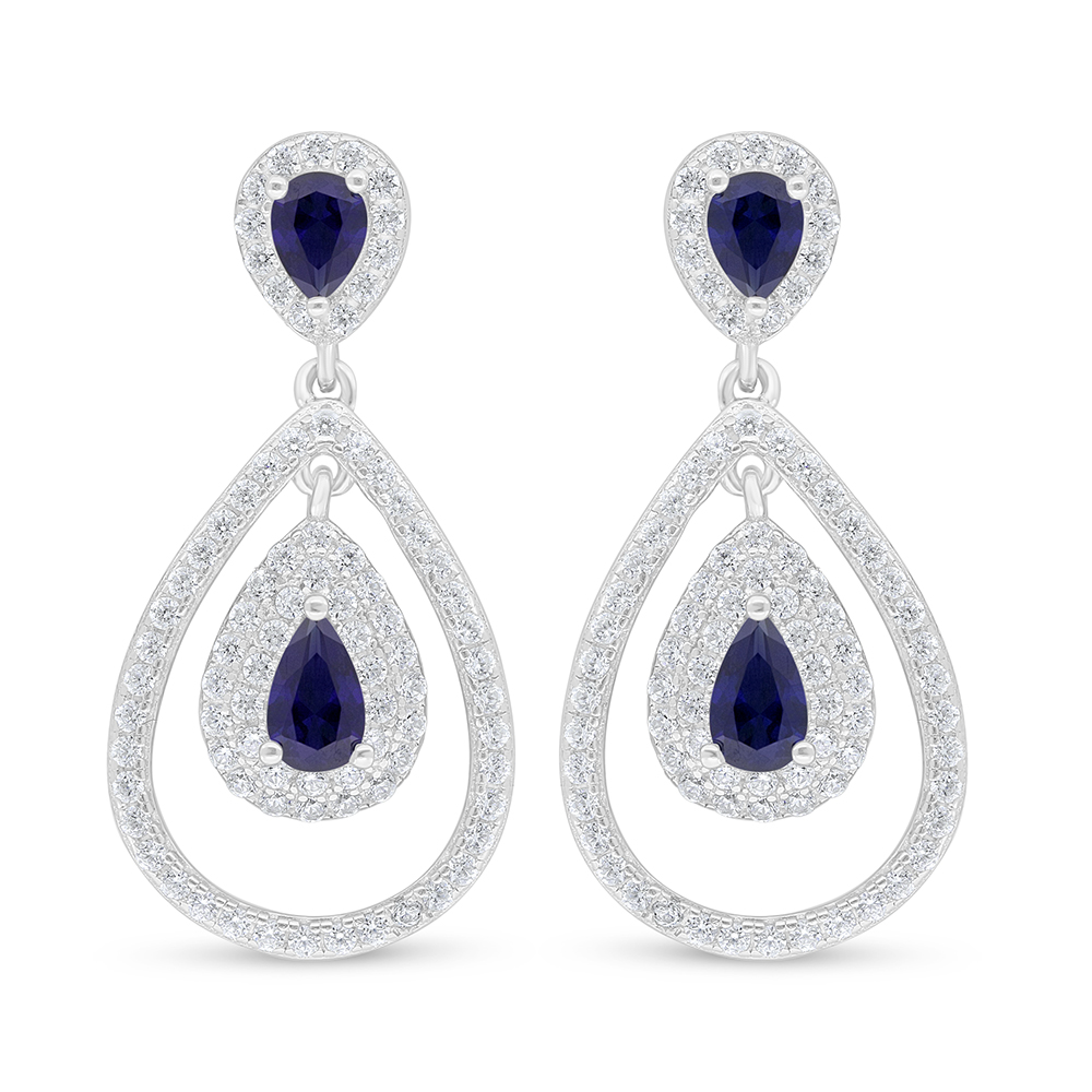 Sterling Silver 925 Earring Rhodium Plated Embedded With Sapphire Corundum And White Zircon