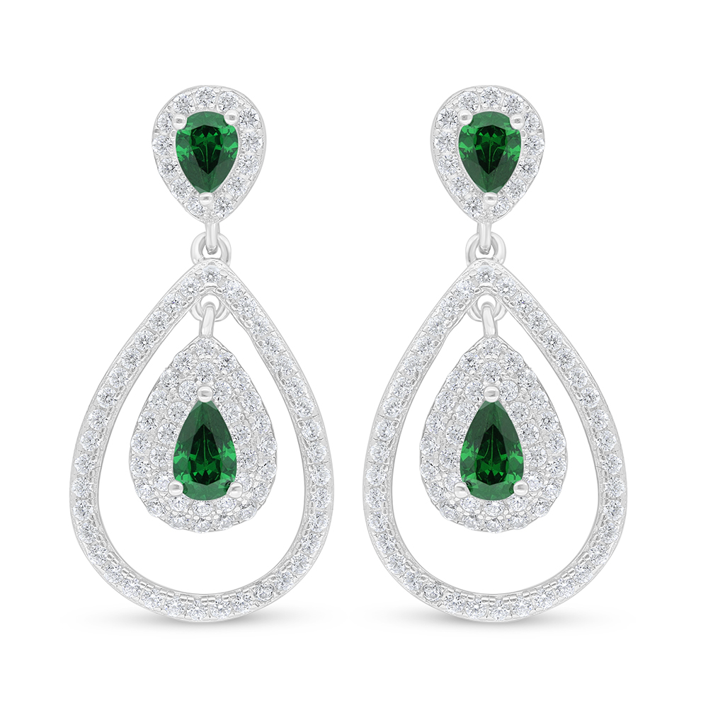 Sterling Silver 925 Earring Rhodium Plated Embedded With Emerald Zircon And White Zircon