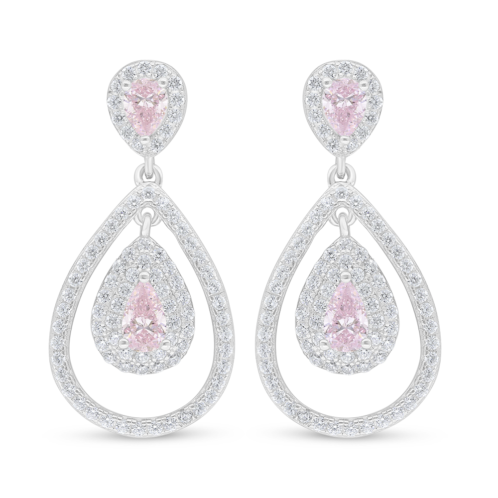 Sterling Silver 925 Earring Rhodium Plated Embedded With Pink Zircon And White Zircon