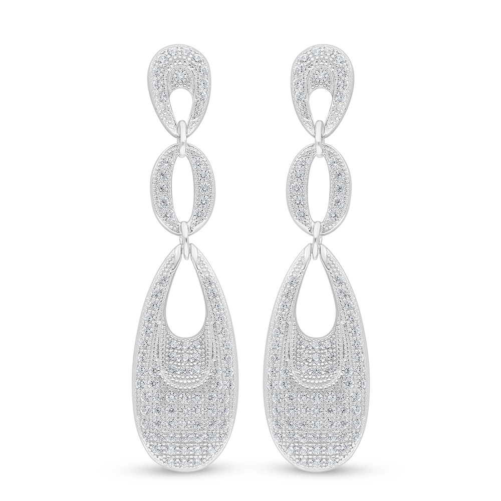 Sterling Silver 925 Earring Rhodium Plated Embedded With White Zircon