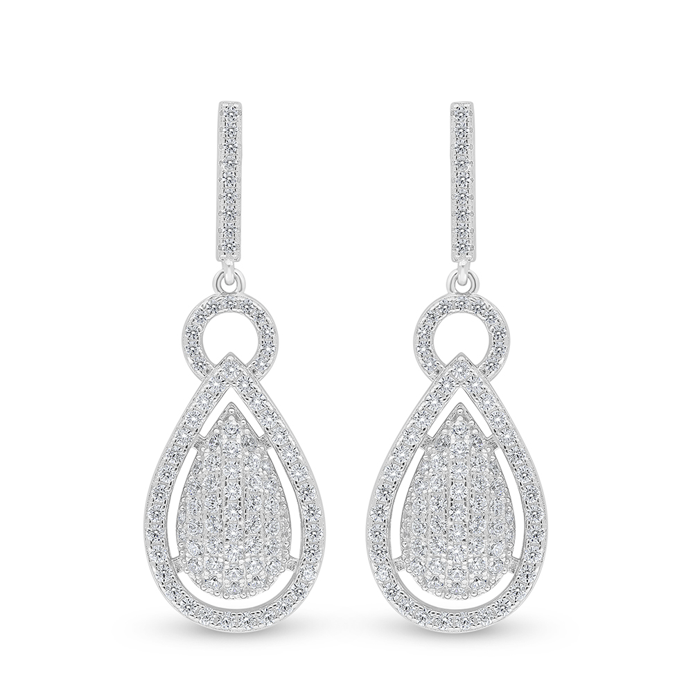 Sterling Silver 925 Earring Rhodium Plated Embedded With White Zircon