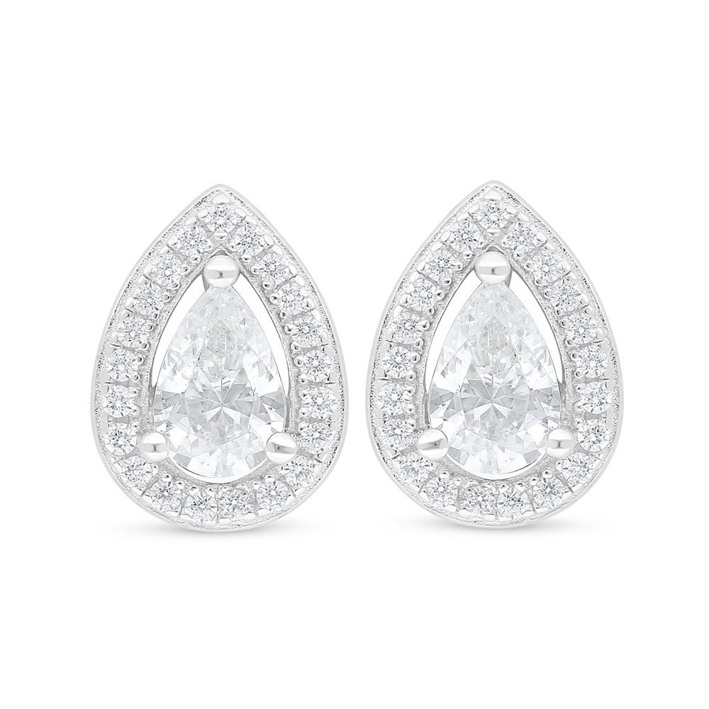 Sterling Silver 925 Earring Rhodium Plated Embedded With White Zircon