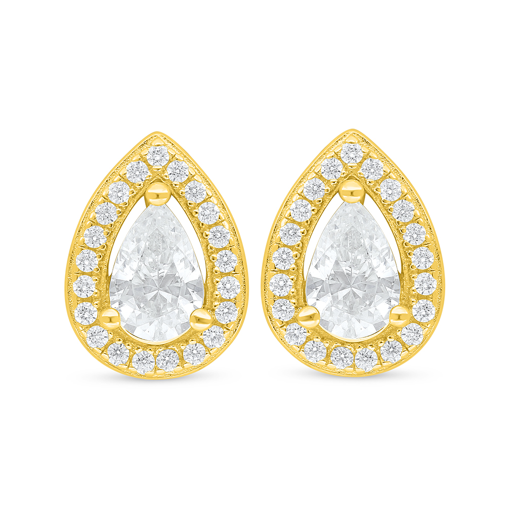 Sterling Silver 925 Earring Golden Plated Embedded With White Zircon