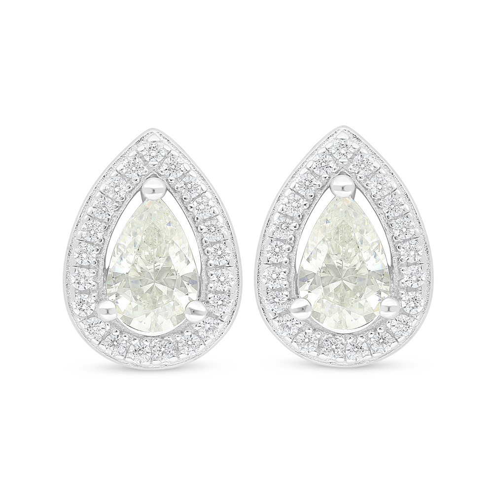 Sterling Silver 925 Earring Rhodium Plated Embedded With Yellow Diamond And White Zircon