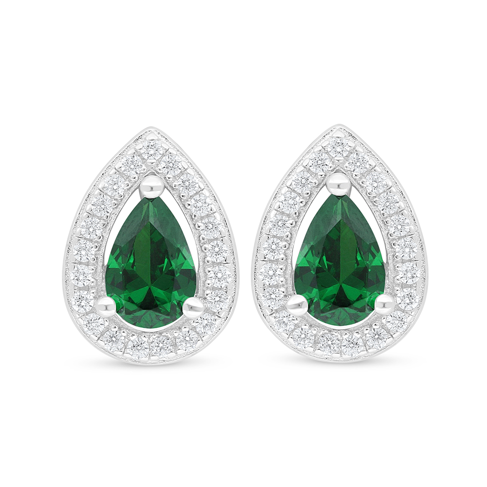 Sterling Silver 925 Earring Rhodium Plated Embedded With Emerald Zircon And White Zircon