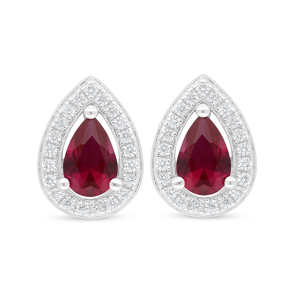 Sterling Silver 925 Earring Rhodium Plated Embedded With Ruby Corundum And White Zircon