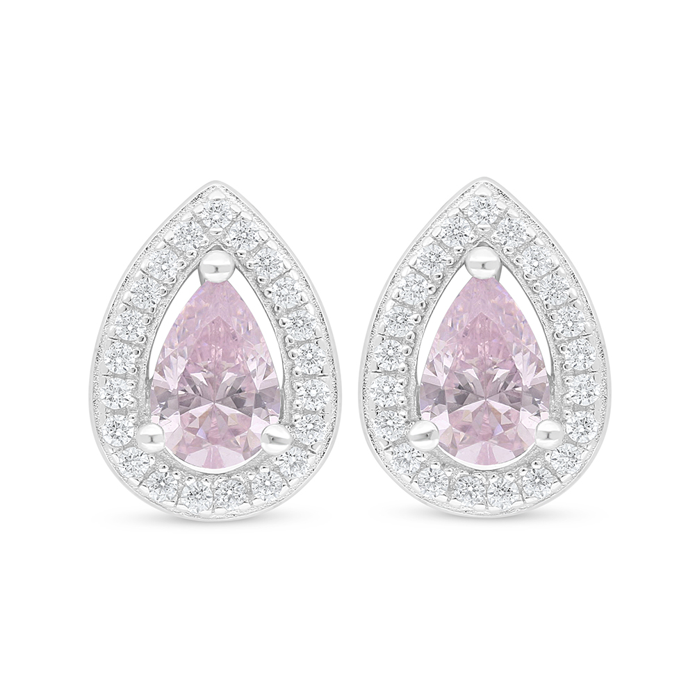 Sterling Silver 925 Earring Rhodium Plated Embedded With Pink Zircon And White Zircon