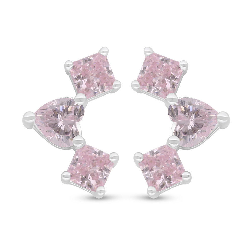 Sterling Silver 925 Earring Rhodium Plated Embedded With Pink Zircon 