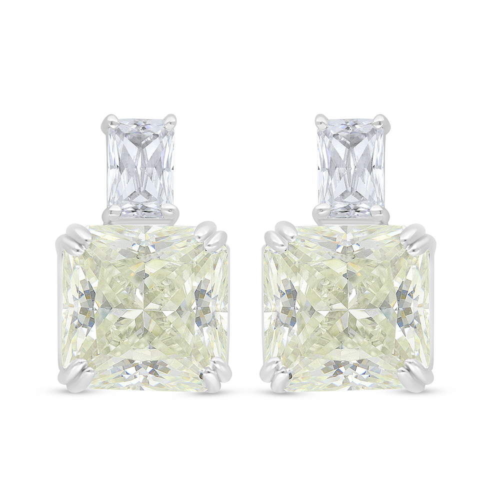 Sterling Silver 925 Earring Rhodium Plated Embedded With Yellow Diamond And White Zircon