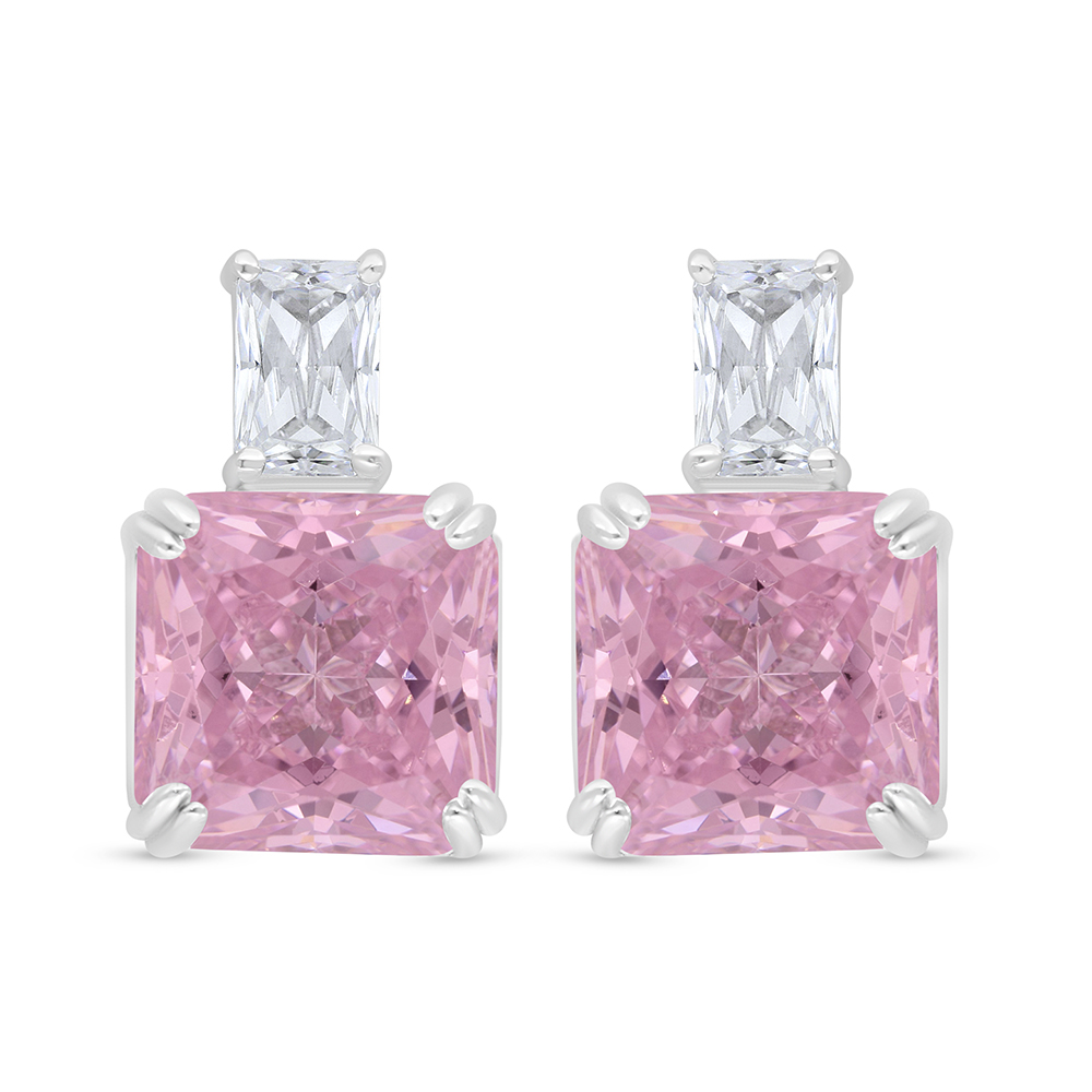 Sterling Silver 925 Earring Rhodium Plated Embedded With Pink Zircon And White Zircon
