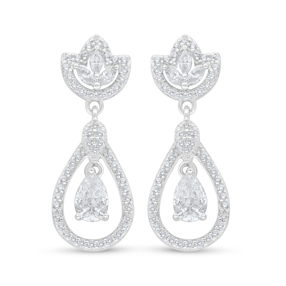 Sterling Silver 925 Earring Rhodium Plated Embedded With White Zircon