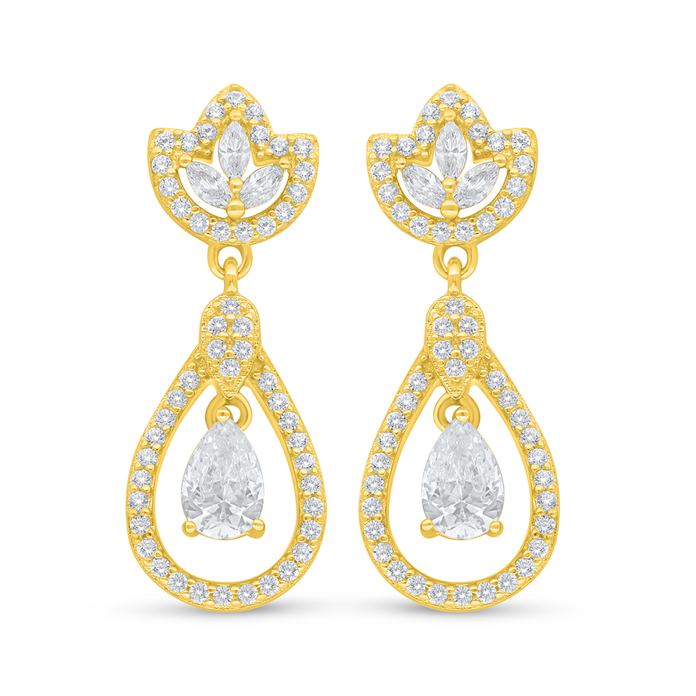 Sterling Silver 925 Earring Golden Plated Embedded With White Zircon