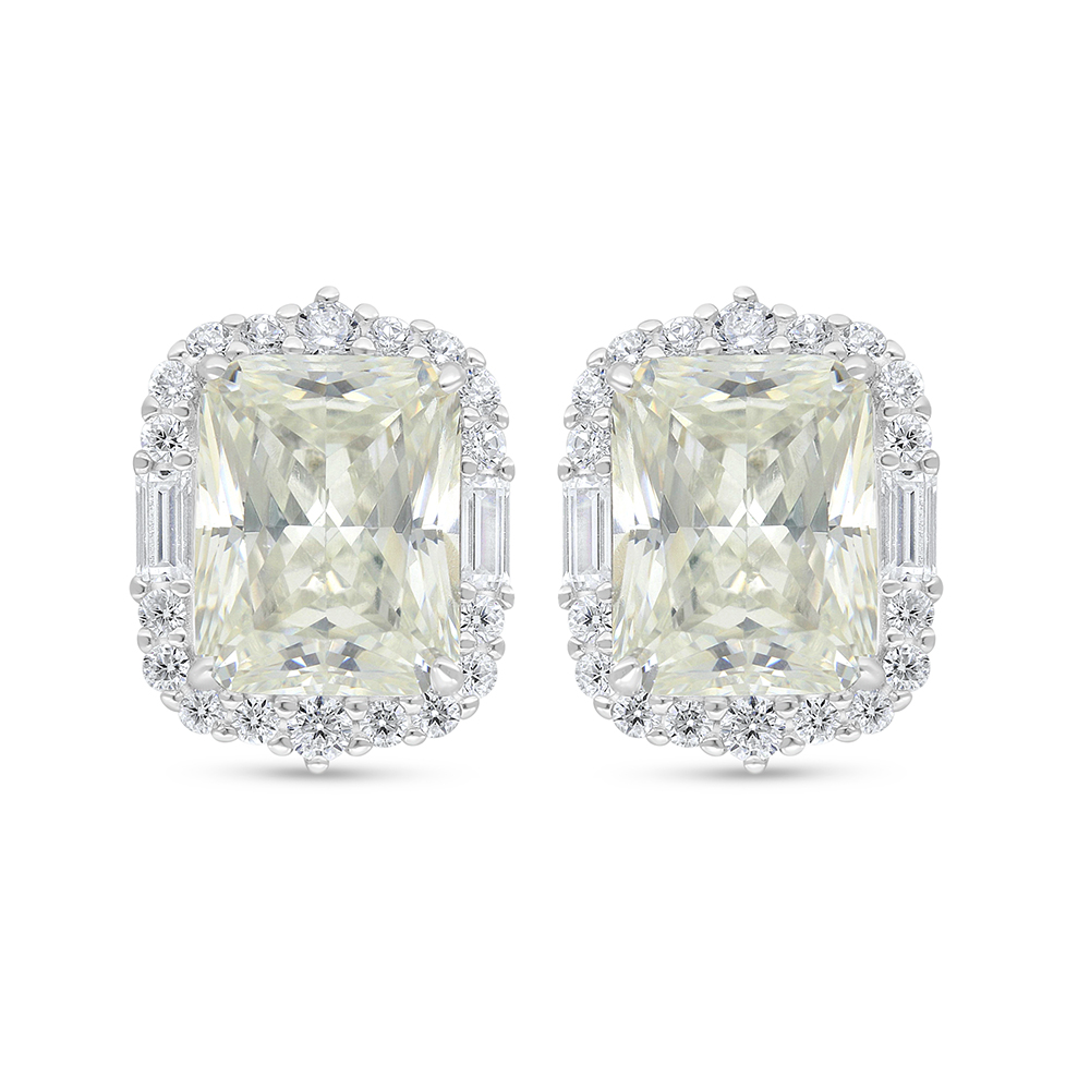 Sterling Silver 925 Earring Rhodium Plated Embedded With Yellow Diamond And White Zircon