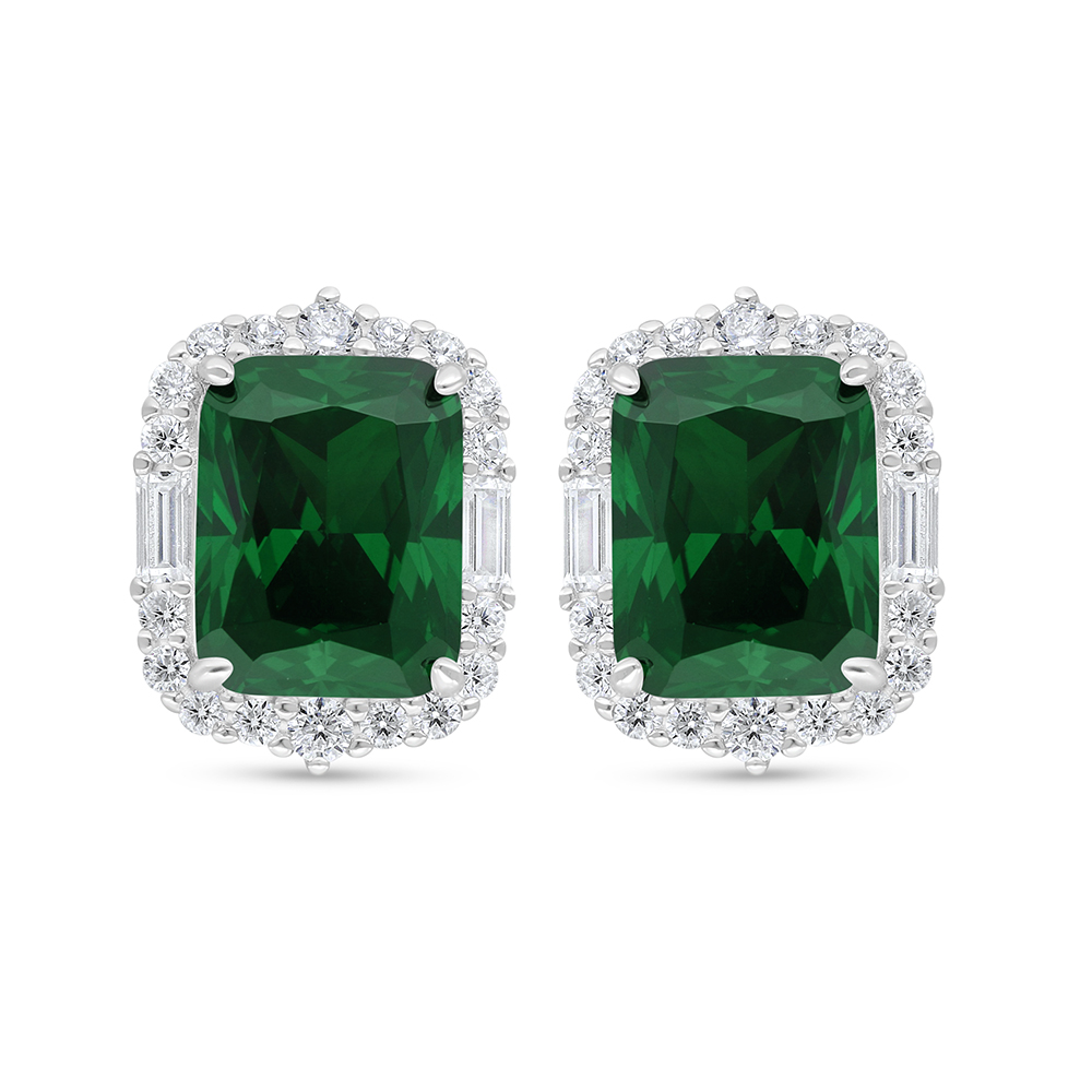 Sterling Silver 925 Earring Rhodium Plated Embedded With Emerald Zircon And White Zircon