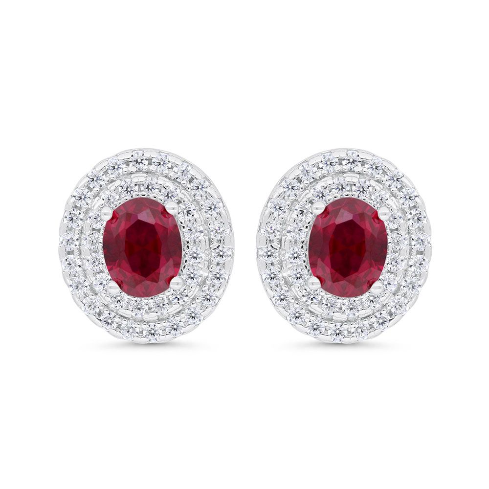 Sterling Silver 925 Earring Rhodium Plated Embedded With Ruby Corundum And White Zircon