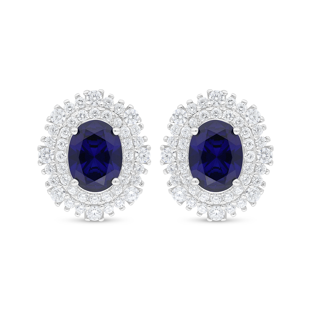 Sterling Silver 925 Earring Rhodium Plated Embedded With Sapphire Corundum And White Zircon