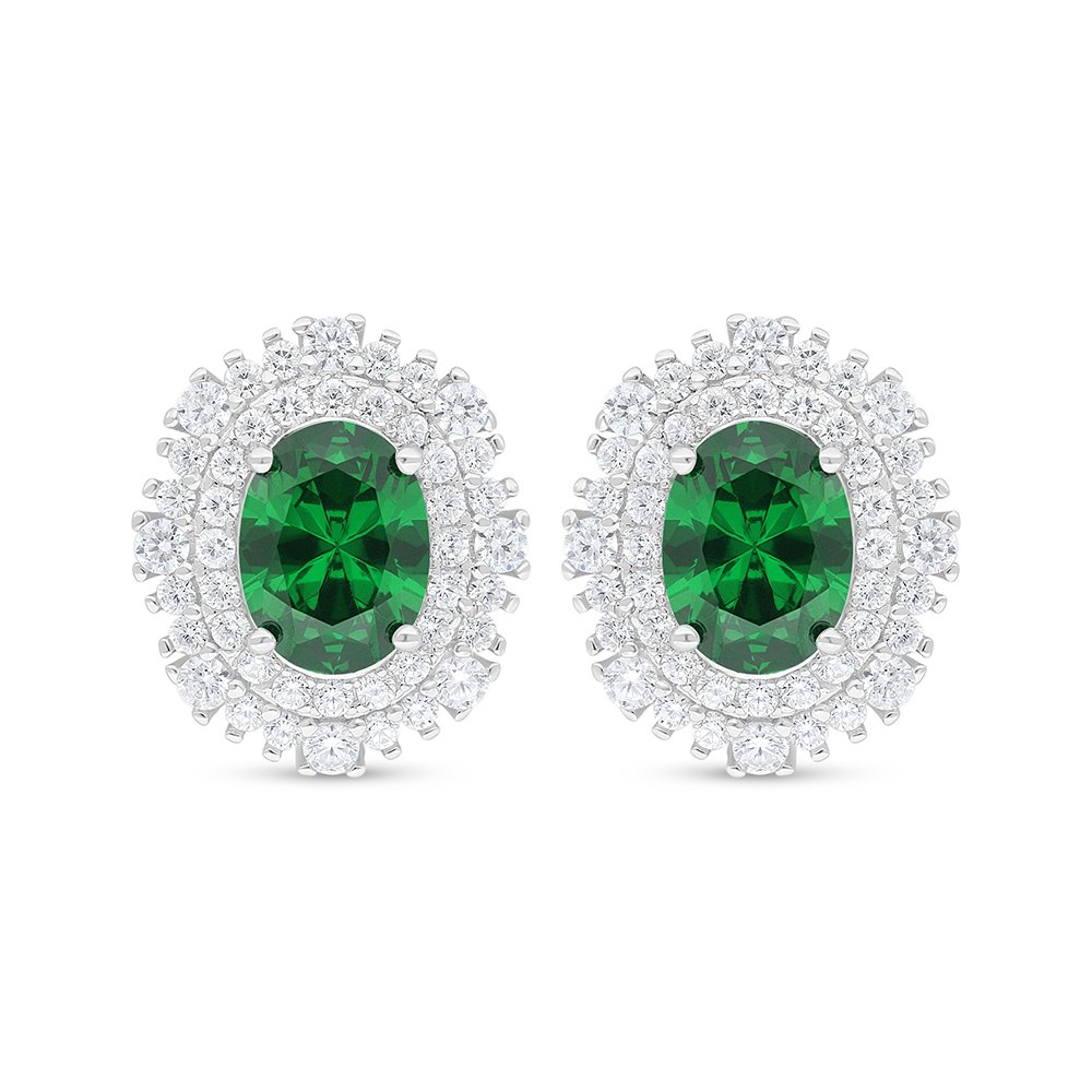 Sterling Silver 925 Earring Rhodium Plated Embedded With Emerald Zircon And White Zircon